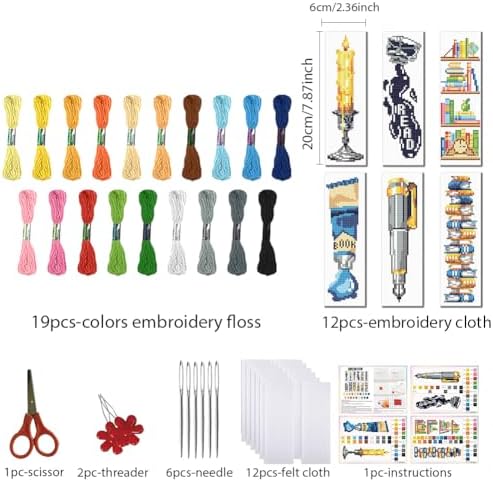 FREEBLOSS 12 Set 11CT Book Theme Cross Stitch Bookmark Kit for Adults Beginners DIY Stamped Cross Stitch Kit Reading & Pen Theme Handmade Gift for Book Lovers, 20x6cm/7.9×2.4" - Image 2