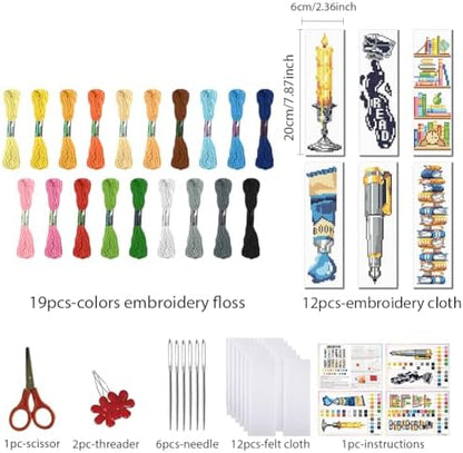 FREEBLOSS 12 Set 11CT Book Theme Cross Stitch Bookmark Kit for Adults Beginners DIY Stamped Cross Stitch Kit Reading & Pen Theme Handmade Gift for Book Lovers, 20x6cm/7.9×2.4" - Image 2