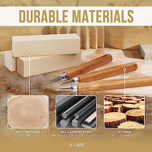 JJ CARE Wood Carving Kit, 24pcs Wood Whittling Kit with 12 SK2 Steel Carving Knives, 10 Basswood Blocks, 1 Grinding Stone & Storage Case, Gift Set for Beginners & Adults - Image 6
