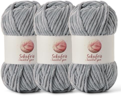 Chenille Blanket Yarn for Crocheting Size 5 Bulky Yarn 3 Grayish by Sekafris