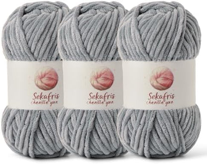 Chenille Blanket Yarn for Crocheting Size 5 Bulky Yarn 3 Grayish by Sekafris