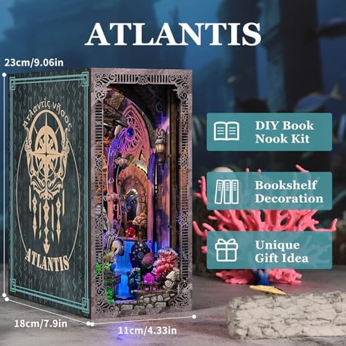 fifijoy Book Nook Kit - Atlantis DIY Miniature House Dollhouse Kit for Adults and Teens, 3D Wooden Puzzle Bookend Bookshelf Insert Decor with LED Light, Gifts for Family and Friends - Image 4