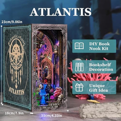 fifijoy Book Nook Kit - Atlantis DIY Miniature House Dollhouse Kit for Adults and Teens, 3D Wooden Puzzle Bookend Bookshelf Insert Decor with LED Light, Gifts for Family and Friends - Image 4