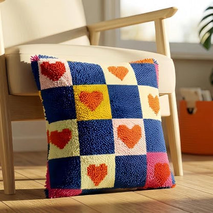 Latch Hook Kits for Adults Beginner,17x17 inch Butterfly Floral DIY Crochet Pillow Cover Kit Pre-Printed Pillowcase Hook and Latch Kit Needlework Cushion Cover for Home Sofa Decor (Grid Heart) - Image 4