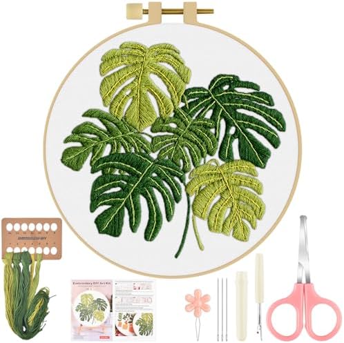 ERKOON Embroidery Kit for Beginners Adult, Cross Stitch Set Include Embroidery Cloth Hoop Threads for Craft Lover Hand Stitch with Embroidery Skill Techniques (Leaf) by ERKOON