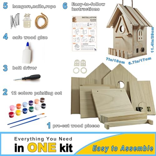 Wooden Bird Houses Kit for Kids and Adults, DIY Craft for Adults with Paint Set, Art Craft Outdoor Birdhouse, Hanging Birdhouse for Garden Yard Decor (1 Pack) - Image 2