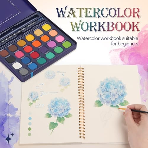 Floral Watercolor Painting Kit, 24 Paints, 3 Brushes, Workbook - Image 2