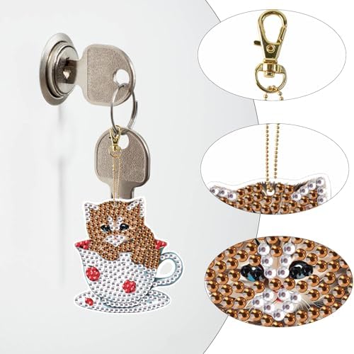 LazyFold 6Pcs Diamond Art Keychain Ornaments Kits for Adults,DIY Animals Teacup Cat Diamond Painting Keychain,Key Ring Art Pendant Tree Decor Gift（Single-Sided） - Image 5