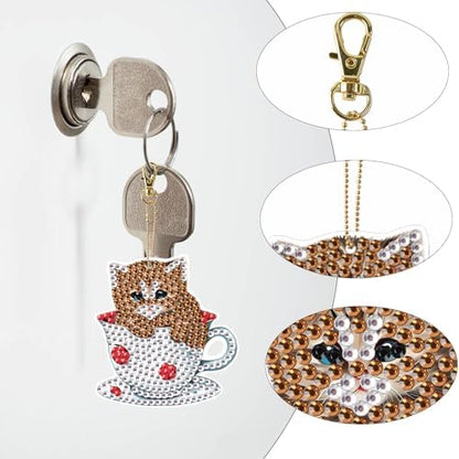 LazyFold 6Pcs Diamond Art Keychain Ornaments Kits for Adults,DIY Animals Teacup Cat Diamond Painting Keychain,Key Ring Art Pendant Tree Decor Gift（Single-Sided） - Image 5