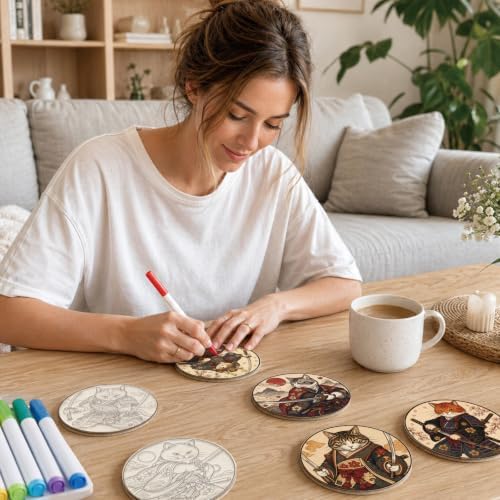 26PCS Wood Coasters Craft Kit 10 Paint You Own Coaster with 16 Pens Wooden Coaster Painting Set Coasters for Drinks Samurai Cat Painting Crafts Art Supplies (Samurai Cat) - Image 6