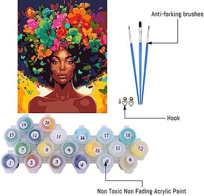 Clendo DIY African Woman Paint by Numbers for Adults Canvas, Flowers and Girl Paint by Number Kits on Canvas - Frameless Oil Painting Kits Arts and Crafts for Home Decor Present 16x20 inch - Image 3