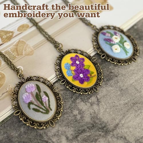 ZOCONE New 4 Packs Embroidery Necklace Kits, Embroidery Pendant Kit Mini Cross Stitch Kit with Hoop, Necklace, Pendant, Stamped Pattern Cloth, Instructions, etc., Embroidery Kits for Adults - Image 6