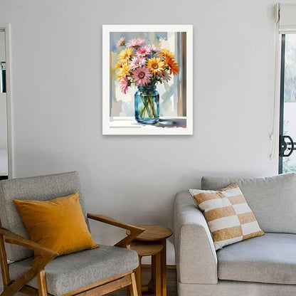 Floral Still Life Paint by Numbers Kit for Adults - DIY Colorful Gerbera Daisies in Blue Jar Painting on Rolled Canvas 16x20 Inches, Acrylic Paint Set for Beginners, Art for Home Decoration or Gifts - Image 5