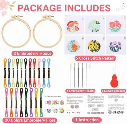 ZOIIWA 6PCS Flower Embroidery Kit for Beginners Adults Summer Cross Sewing Kits DIY Starter Hand Embroidery Kit with Needlepoint Patterns Hoop Threads Needles Instructions Craft Gift for Home Decor - Image 2