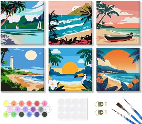 Bowetile 6 Pack Landscape Paint by Numbers for Adults Beginners Framed, Easy Adult Paint by Number Kits on Canvas, Acrylic Painting for Home Decor, 8x8in by BOWETILE