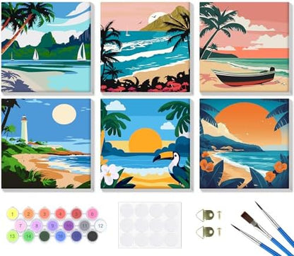 Bowetile 6 Pack Landscape Paint by Numbers for Adults Beginners Framed, Easy Adult Paint by Number Kits on Canvas, Acrylic Painting for Home Decor, 8x8in by BOWETILE