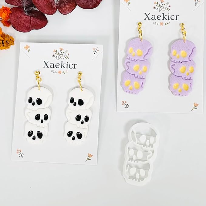 Xaekicr Halloween Skull Polymer Clay Cutters – 3-Stacked Skull Shape Clay Earring Cutters for DIY Jewelry, Polymer Clay Molds, Clay Tools – Halloween Cookie & Earring Making Supplies