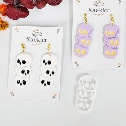 Xaekicr Halloween Skull Polymer Clay Cutters – 3-Stacked Skull Shape Clay Earring Cutters for DIY Jewelry, Polymer Clay Molds, Clay Tools – Halloween Cookie & Earring Making Supplies
