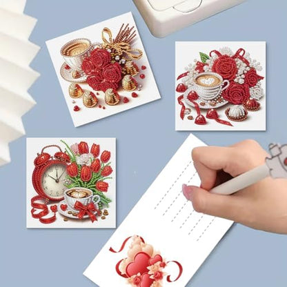 6 Pcs Diamond Painting Greeting Cards Kit Champagne Coffee Tulip Rose Flower with Envelopes, 5D DIY Special Shaped Rhinestone Art Card Making Kits for Adults, Holiday Blessing Postcards Craft Gifts - Image 3