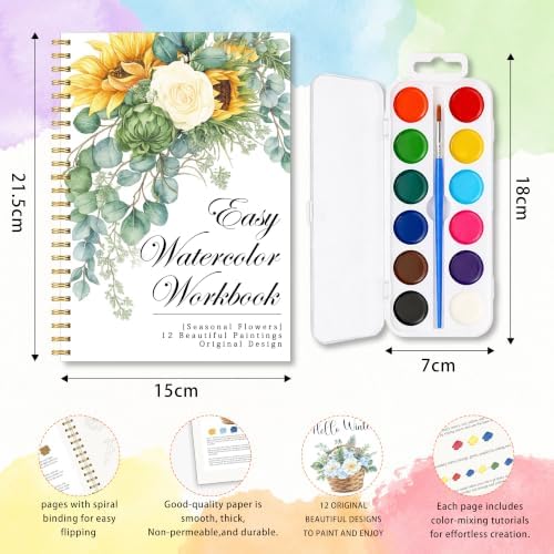 Seasonal Flowers Watercolor Workbook for Beginner, 12 Beautiful Seasonal Flowers Sunflower Wildflower Butterfly Patterns Water Coloring Book, Paint Set with Palette and Brush, Gift for Flower Lovers - Image 2