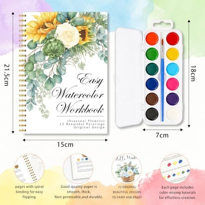 Seasonal Flowers Watercolor Workbook for Beginner, 12 Beautiful Seasonal Flowers Sunflower Wildflower Butterfly Patterns Water Coloring Book, Paint Set with Palette and Brush, Gift for Flower Lovers - Image 2