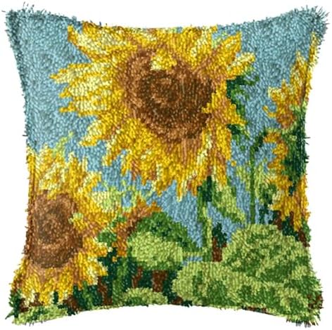 Howie's Latch Hook Kit, DIY Sunflower Pillow Crochet Yarn Kits for Adults, Color Preprinted Pattern Embroidery Sofa Cushion Cover (Sunflower, 16.93 x 16.93 inch) by HowiesNeedlepoint