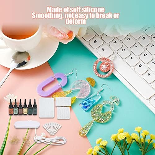 KunEchevyr Resin Earring Mold Set with Glue, DIY Earring Kit, 10 Straws 6 Color Glue 50 Gold Rings 20 Ear Hooks, Jewelry Making Kit for DIY Lovers with Lamp and Silicone - Image 4