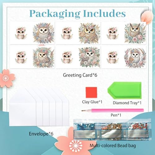 Tontut 6pcs Diamond Painting Kit Greeting Card, Owl 5D DIY Diamond Handmade Holiday Greeting Card with Envelope, Christmas Gift Congratulation - Image 3