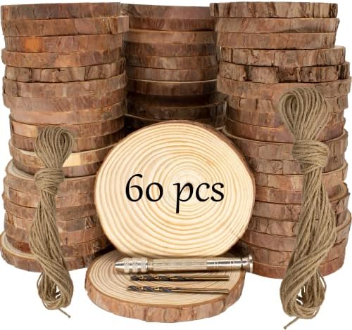 Unfinished Natural Wooden Slices 60 Pcs 3.2-4 Inch Wood Circles for Crafts DIY Christmas Ornament Craft Wood Kit with Bit,Blank Round Wood Slice with Bark for Art,Painting,Party (60) by KXEXK
