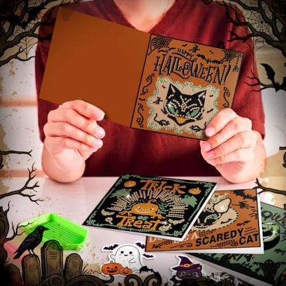 Saillong 12 Pack Halloween Diamond Painting Greeting Card Kits DIY Halloween Diamond Art Cards with Envelopes Green Black Cat Skull 5D Rhinestones Painting Kit for Adults DIY Craft Family Friend Gifts - Image 3