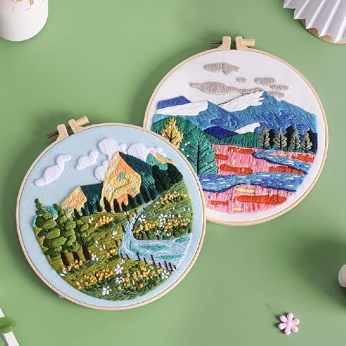 Konrisa 3 Pcs Landscape Embroidery Kits, Mountain Flower Village Pattern Cross Stitch Kit, DIY Sewing Practice Kits for Adults Home Decoration,Include Embroidery Cloth Threads and Needles,1pc Hoops - Image 5