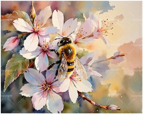 Floral Art Paint by Numbers Kit for Adults - DIY Bee on Cherry Blossoms Painting on Canvas 16x20 Inches, Acrylic Paint Set, Suitable for Beginners, Art for Home Decoration or Gifts by Unknown