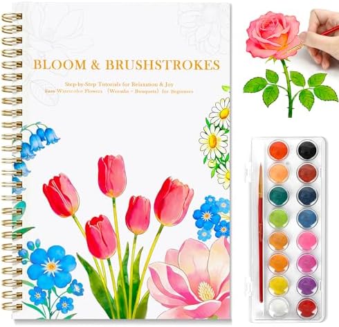 Creazic Watercolor Workbook for Beginners, Floral Water Coloring Book Kit & 16 Watercolor Paint, 300gsm No-Bleed Paper, Easy Step-by-Step Guide, Ideal Gift for Mindfulness & Painting Practice by Unknown