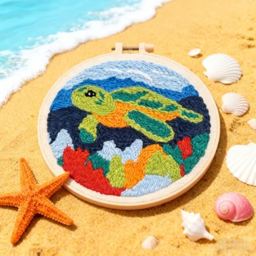 DIY Punch Needle Kits Green Sea Turtle with Hoop 20x20cm-5 - Image 4