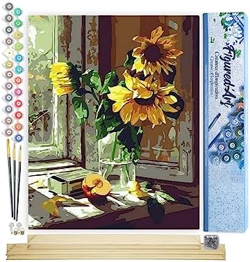 Figured'Art Paint by Numbers for Adults Sunflowers and Apple in Front of The Window 16"x20" - Craft Art Painting Rolled Canvas with DIY Wooden Frame by FiguredArt
