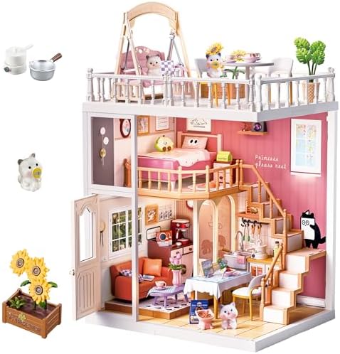 2-Story Loft Miniature House Kit, Cat-Themed DIY Dollhouse for Adults with Living Room Kitchen Bedroom Balcony, Collectible Plastic Miniature Building Set, Home Decor Gift for Women by Unknown