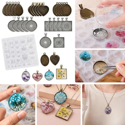 Resin Casting Mold Jewelry Making Kit with 30 Metal Pendant Trays and Silicone Mold, Heart Teardrop Round Oval Square Shapes for DIY Earrings Necklaces Bracelets Crafts Gifts - Image 5