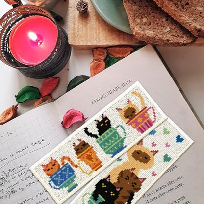 ORIGACH 6 Set Cat Teacup Cross Stitch Bookmark Kit for Beginner - Image 6