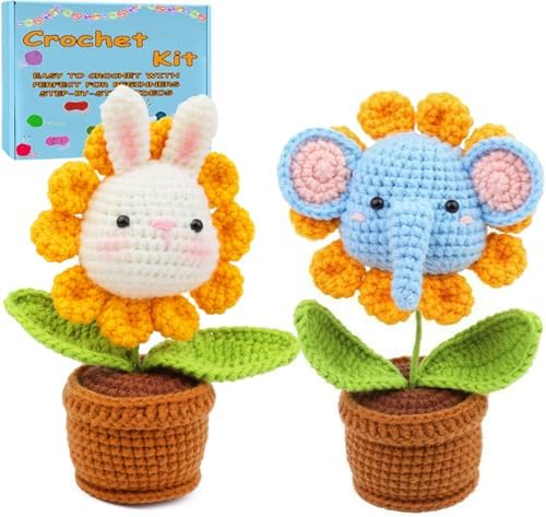 2 PCS DIY Flower Crochet Kit for Beginners Animal Potted Plants Starter Knitting Kit Complete Learn to Crochet Pot for Adults Art Craft Supplies Gift with Step-by-Step Video Tutorials and Pattern by Unknown