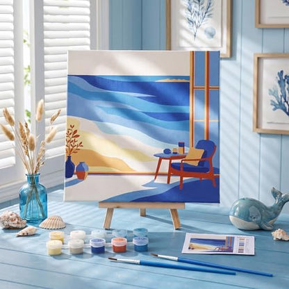 Nezyo 8 Sets 8 x 8 Inch Paint by Numbers Kit for Adult Beginners with Wooden Easels Acrylic Paint by Number Landscape Paintings Kits for DIY Party Home Decor Gift(Blue Ocean) - Image 4