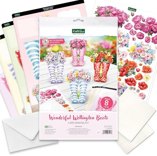 Katy Sue Wonderful Wellington Boots (Rubber Boots) Card Making Kit. 8 Shaped Cards, 2 Sheets of Die Cut Decoupage, 8 Envelopes, Adhesive Pads, & Instructions. for Card Making Supplies & Papercrafting - Image 2