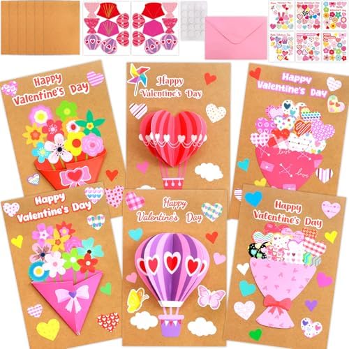 ceiba tree Valentine's Day Crafts for Kids Cards Making Kits 12 Pcs DIY 3D Hot Air Balloon Bouquet Greeting Card with Cutouts Sticker and Envelopes Bulk for Classroom Activities Party Favors by ceibatree