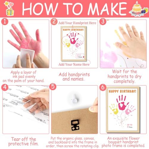 QOUBAI Birthday Handprint Balloon Art Craft DIY Kit Happy Birthday Gifts Children Adults Handprint Keepsake for Mom Father Friend Grandparent Birthdays Gift Christmas (12X16in, with Wood Frame) - Image 4
