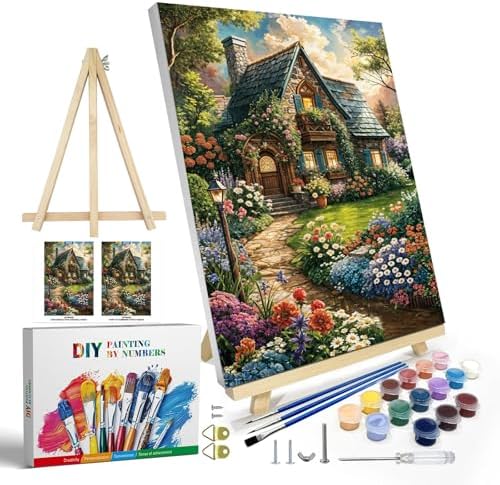 JOOZ Paint by Numbers Kit for Adults with Frame, Landscape Paint by Number Canvas, House Flowers Paint by Number with Easel, DIY Acrylic Oil Painting Kit for Home Wall Decor 8 x 12 Inch by Jooz