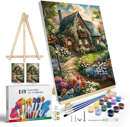 JOOZ Paint by Numbers Kit for Adults with Frame, Landscape Paint by Number Canvas, House Flowers Paint by Number with Easel, DIY Acrylic Oil Painting Kit for Home Wall Decor 8 x 12 Inch by Jooz