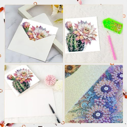 Tontut 6pcs Diamond Art Painting Kit Greeting Card, Cactus Flower 5D DIY Diamond Handmade Holiday Glitter Greeting Card with Envelope, Holiday Gift Congratulation - Image 4