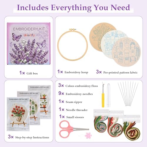 3 Pack Embroidery Kit for Adult Beginners, Needlepoint Cross Stitch Kits with Flower and Green Plant Stamped Patterns, Embroidery Hoop, Tools,Colorful Threads,Step by Step Instructions,DIY Starter Kit - Image 2