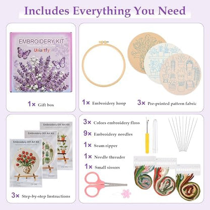 3 Pack Embroidery Kit for Adult Beginners, Needlepoint Cross Stitch Kits with Flower and Green Plant Stamped Patterns, Embroidery Hoop, Tools,Colorful Threads,Step by Step Instructions,DIY Starter Kit - Image 2