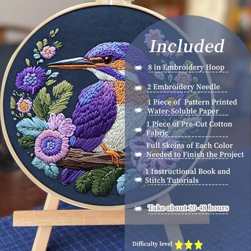 FONNUY Embroidery Kit for Beginners, Birds with Flowers Pre-Stamped Pattern Kits for Adults with Hoop, Easy to Follow Color Thread Needlework, 8'' Hoop (Purple 2) - Image 4