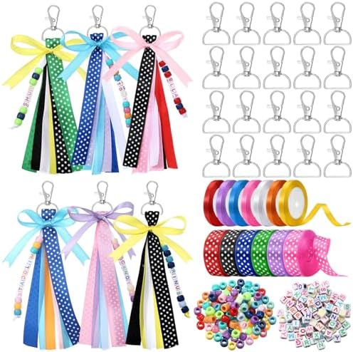 Zeyune 233 Pcs 20 Set DIY Bead Keychain Making Kits Bag Charm Beads Craft Ribbon Bow Key Chain Letter Alphabet Keychain Jewelry Backpack Accessories for Back to School Gifts Making Party Favor by Zeyune